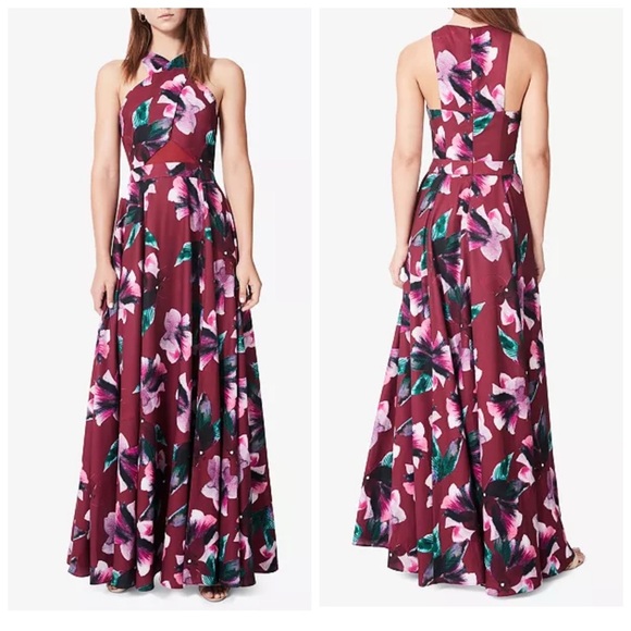 NWT Fame and Partners maroon red Floral-Print A-Line Maxi Gown size 2 - Picture 1 of 11